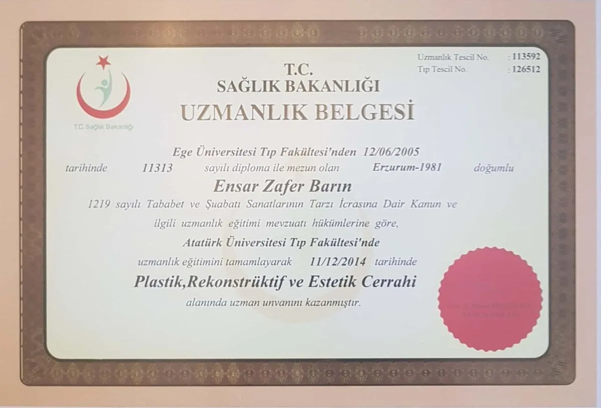 Ministry of Health specialty certificate in Plastic, Reconstructive and Aesthetic Surgery